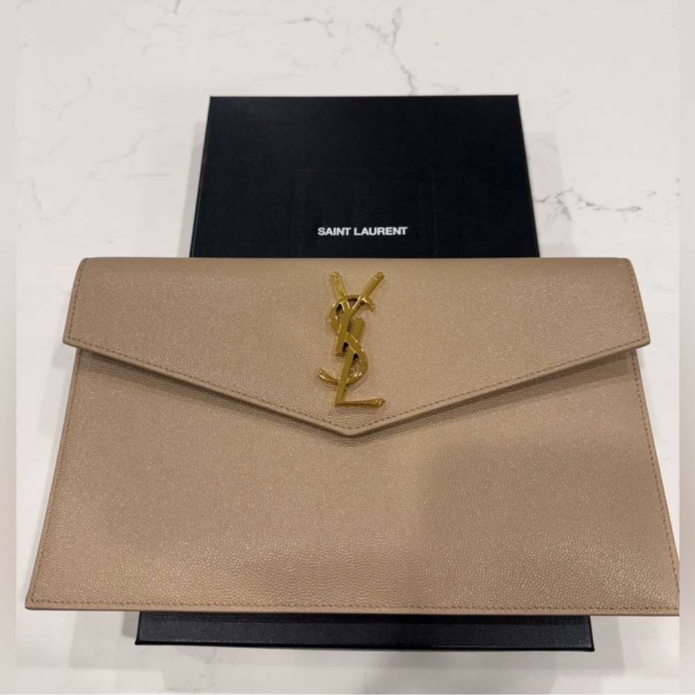 Saint Laurent Beige Envelope Clutch with Gold Emblem
